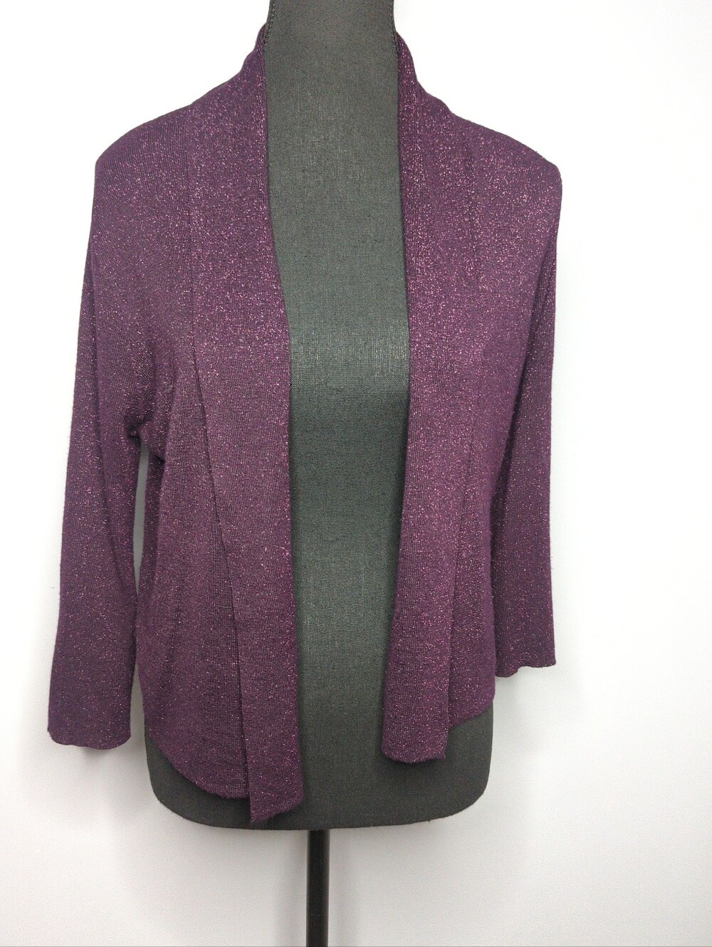 Jana Sparkly Plum Metallic Knit Open Front Cardigan Sweater Size M - EUC